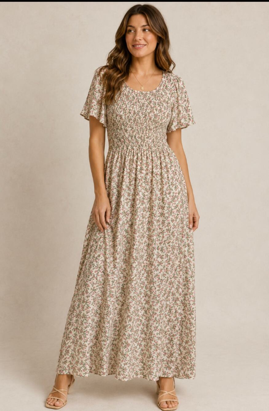 Maggeer Cottagecore Floral Smocked Maxi Dress Boho Prairie Flowy Romantic Large